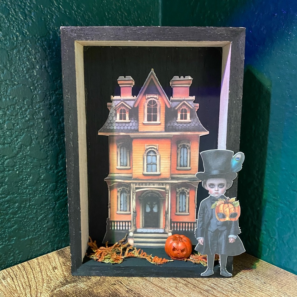 Halloween Shadow Box with Haunted House and Figurine